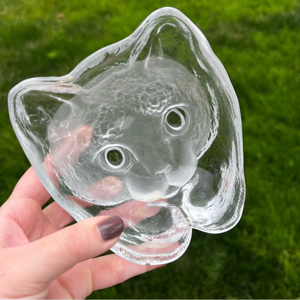 Vintage Viking Glass Cat Face Dish Trinket or Candy Bowl Clear Frosted Glass